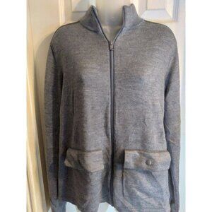 Michael Kors Full Zip Cardigan Gray Front Pockets Faux Leather Shoulders Sz M